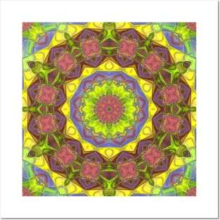 Mosaic Mandala Flower Yellow Green and Purple Posters and Art